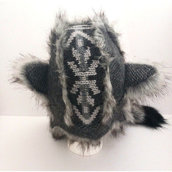 Village House Gray Knit Trapper Hat Gray Wolf Faux Fur Fleece Lined O/S - Picture 4 of 8